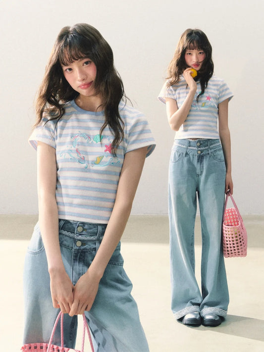 罐头士多所 - "Echo of Waves" Blue and Pink Contrast White Striped Original Ocean Embroidered Slim Knit T-Shirt
