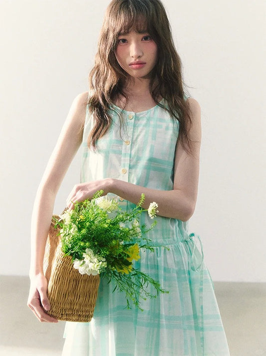 罐头粪便 - Preppy Style Plaid Sleeveless A-Line Midi Dress