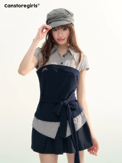 Pastel Plaid Knit Shirt & A-Line Puffy Skirt Set LL2026112