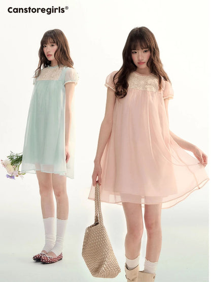 Sheer Lace Trim Puff Sleeve Babydoll Dress LL2026103