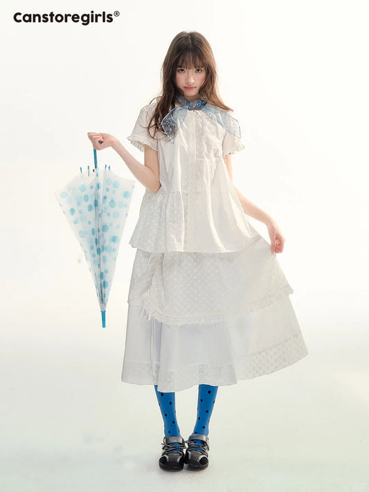 White Embroidered Peter Pan Collar Skirt Set LL2026088