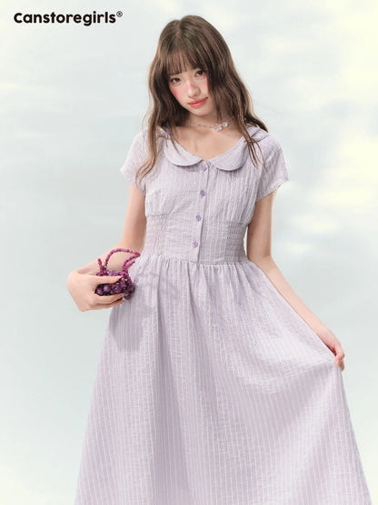 “Lavender Tea Mist” Lilac Stripe Puff Sleeve Dress LL2026137