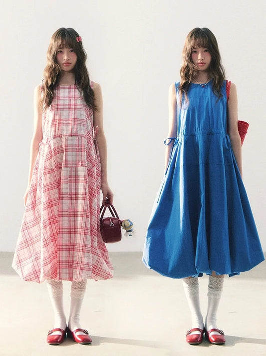 罐头士多所 - “Oxygen Whisper” Adjustable Drawstring Tank Dress – Navy / Red Plaid