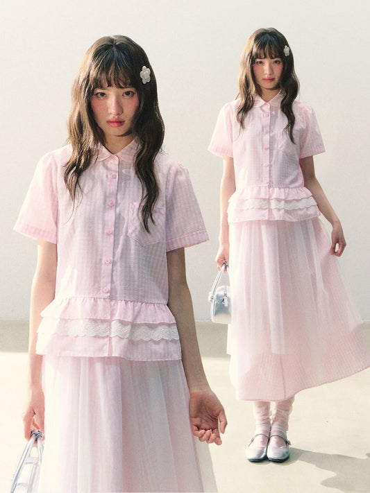 罐头士多所 - 樱绯雨 Pink Gingham Lace Shirt & Tulle-Accented Skirt Set