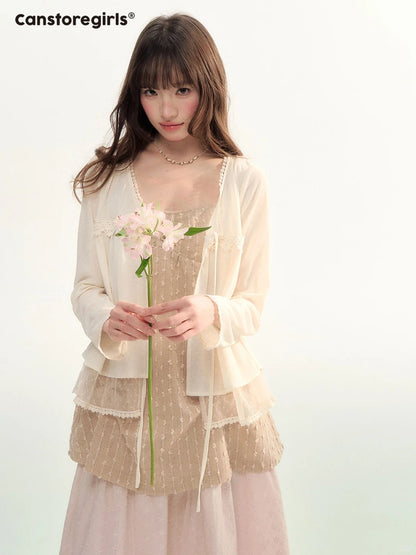Soft Lace Tie-Front Cardigan & Cami Set LL2026100