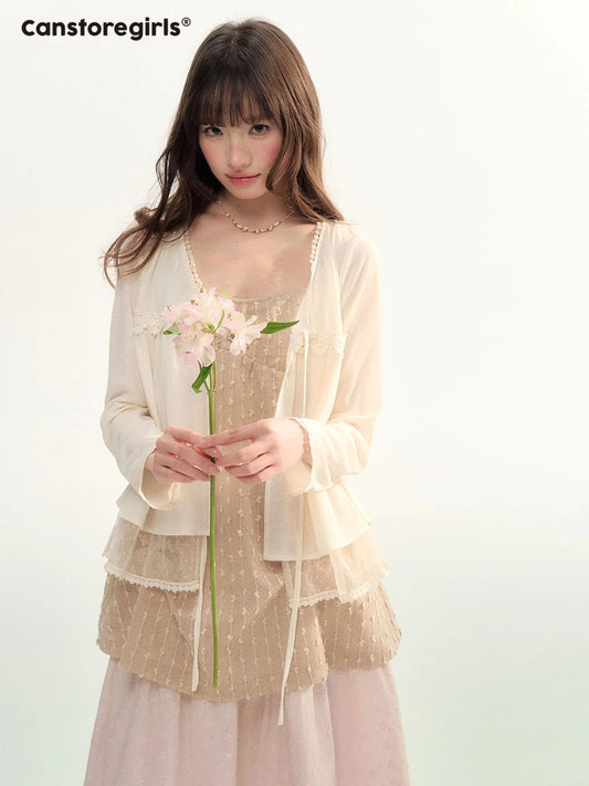 Soft Lace Tie-Front Cardigan & Cami Set LL2026100