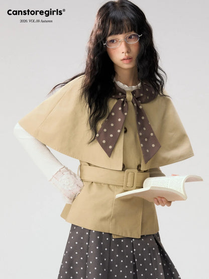 [CAN] "Afternoon Tea Break" Khaki Bow Cape Trench Coat Set
