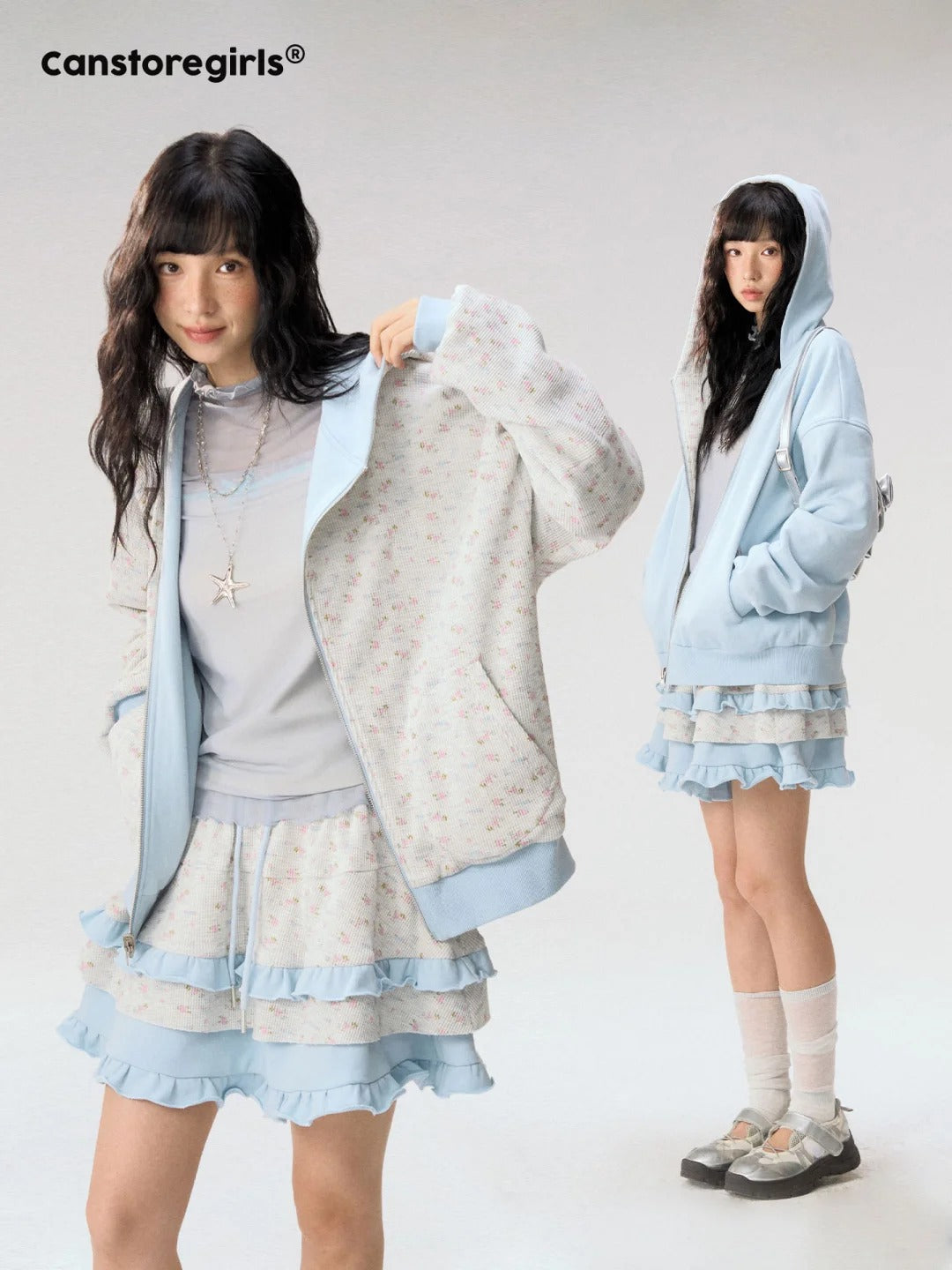 [CAN] "Misty Blue Floral Reverie" Light Blue Floral Set (Reversible Jacket / Sweatpants / Tiered Skirt)