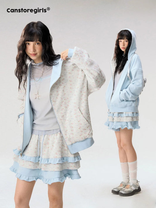 [CAN] "Misty Blue Floral Reverie" Light Blue Floral Set (Reversible Jacket / Sweatpants / Tiered Skirt)