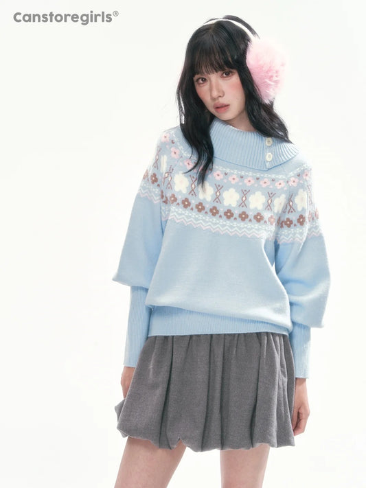 [CAN] Light Blue Floral Fair Isle Knit Sweater