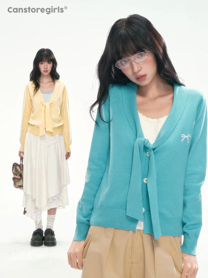 [CAN] Bow Embroidery Knit Cardigan (Blue / Yellow)