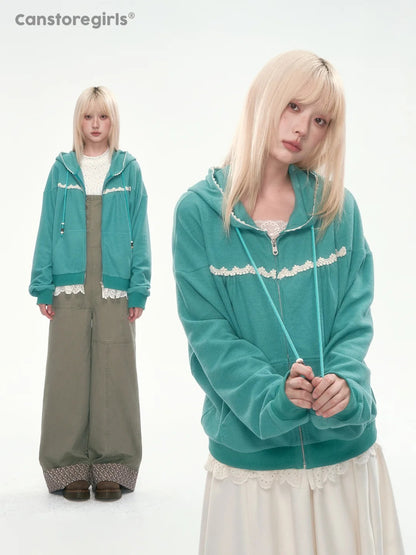 [CAN] Green Lace-Trim Waffle Knit Zip-Up Hoodie