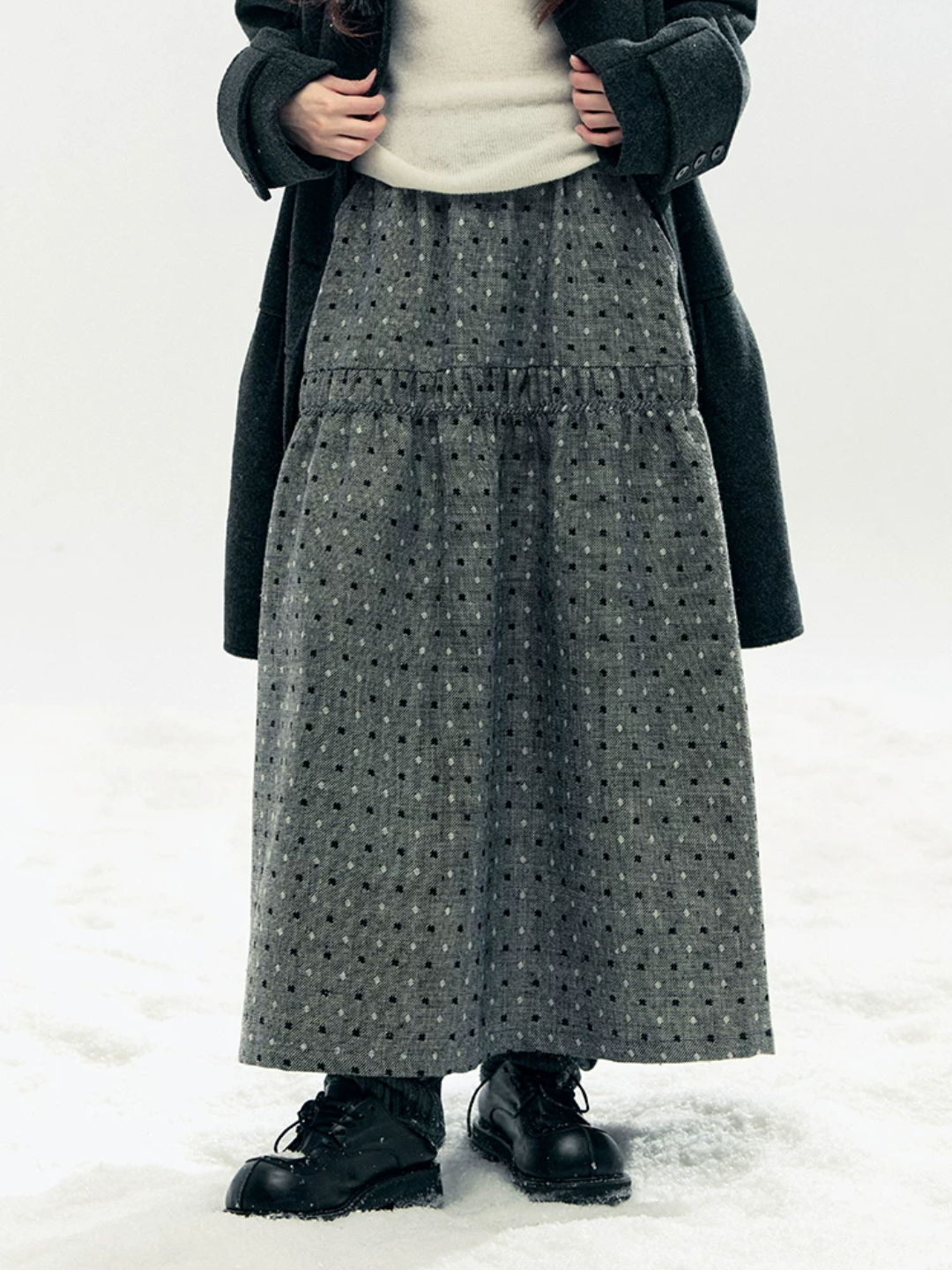 Horridale - "Snowfall Polka" Charcoal Polka Dot Wool-Blend Midi Skirt