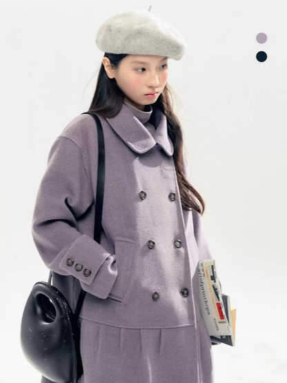 Horridale - "Winter Chime" Double-Breasted Quilted Wool-Blend Coat (Smoky Purple/ Ash Gray)