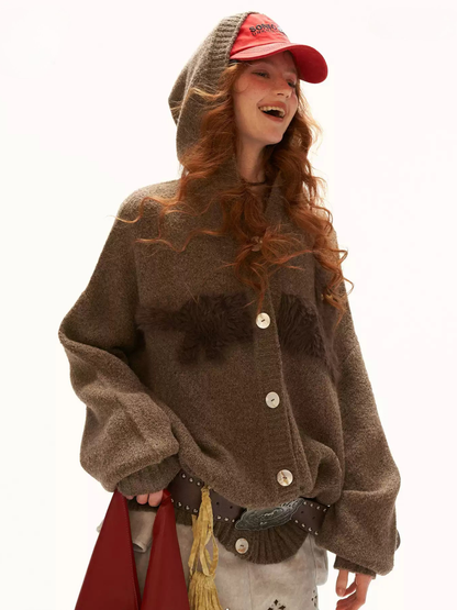 MAMC - Vintage Brown Cat Silhouette Hooded Knit Cardigan