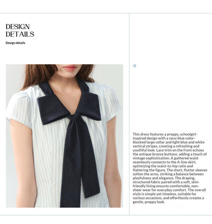 "Academy Breeze Letter" White Stripe Contrast Collar Dress
