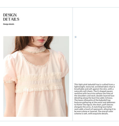 "Pink Mist Notes" Blush Pink Lace Puff Sleeve Blouse  LL2026217