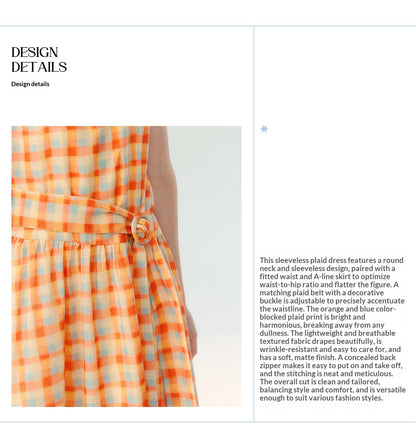 "Orange Sugar Cube" Tangerine Plaid Tie-Waist Sleeveless Dress SH2026201