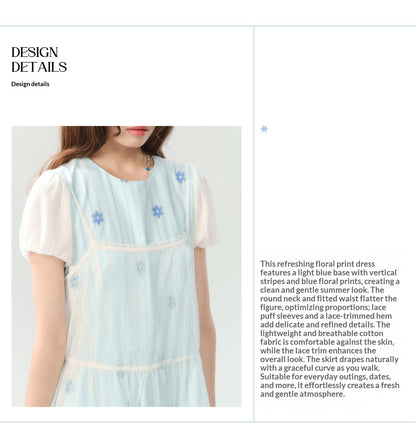 "Soft Bloom Chronicle" Blue Floral Dress & Apricot Cami Set