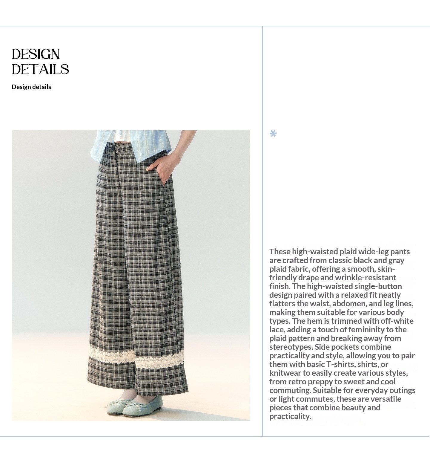 "Gray Cloud Flurry" Plaid Lace Hem Wide-Leg Pants SH2026205