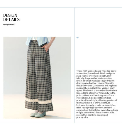 "Gray Cloud Flurry" Plaid Lace Hem Wide-Leg Pants SH2026205