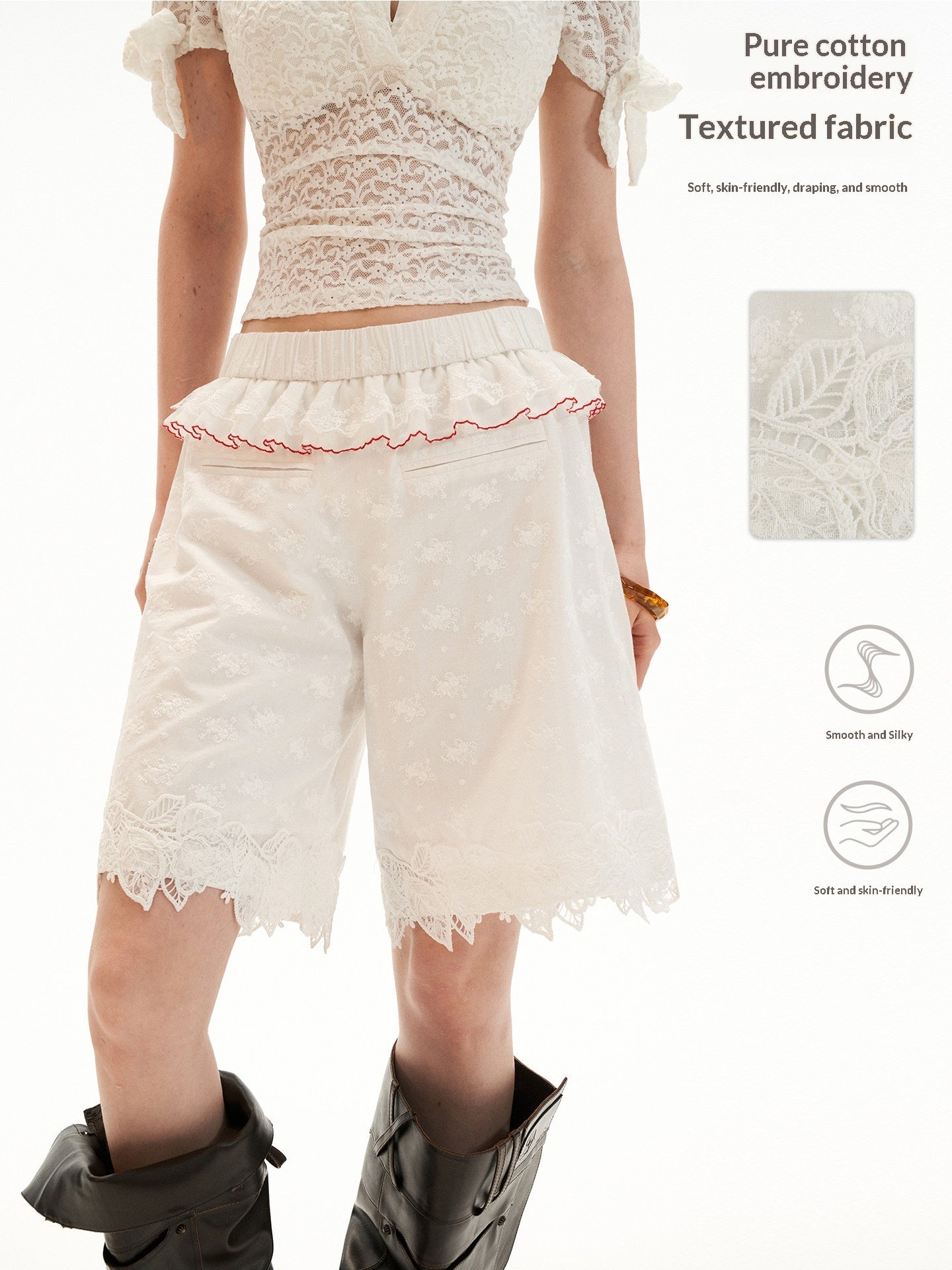 White Lace Trim Relaxed Cotton Shorts