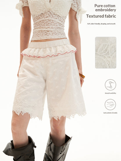 White Lace Trim Relaxed Cotton Shorts