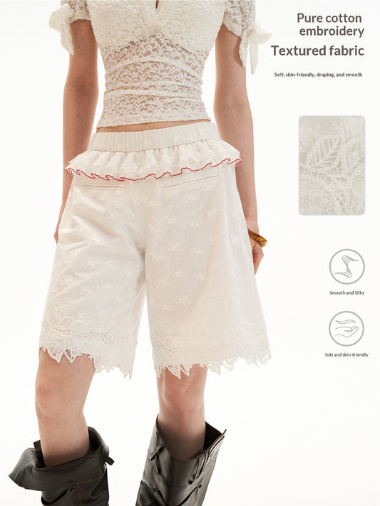 White Lace Trim Relaxed Cotton Shorts
