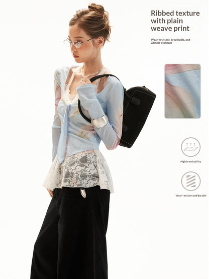 Lily Print Tie-Front Cardigan & Lace Halter Cami Set