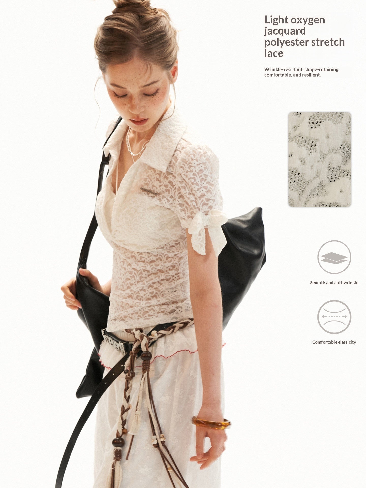 White Lace Bow Puff Sleeve Layered Polo Top