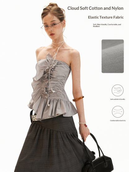 Asymmetrical Peplum Tube Cami Top (Black/ Grey/ Beige)