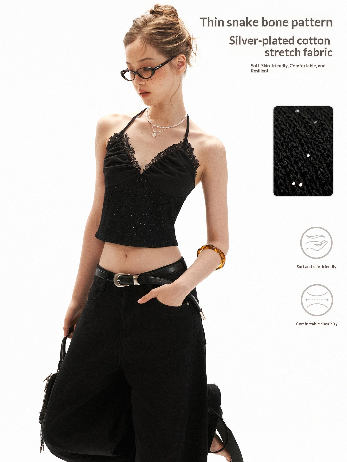 Black Stardust Lace Halter Ruched Cami Top