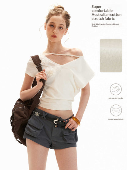 White Asymmetrical Flower Ruched Crop Top WE943