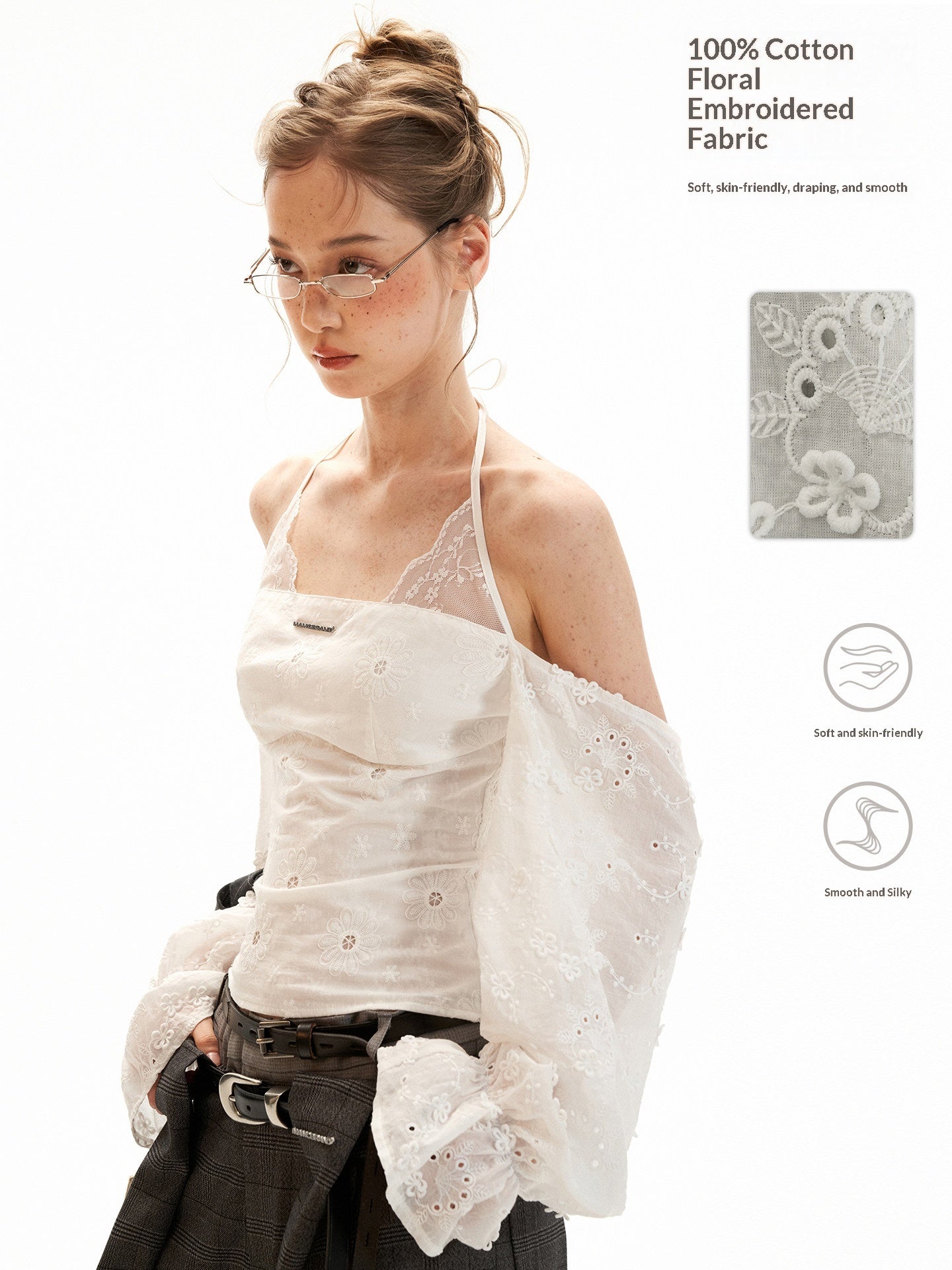 White Off-Shoulder Embroidered Halter Blouse WE994