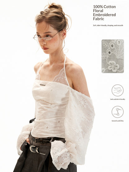 White Off-Shoulder Embroidered Halter Blouse WE994