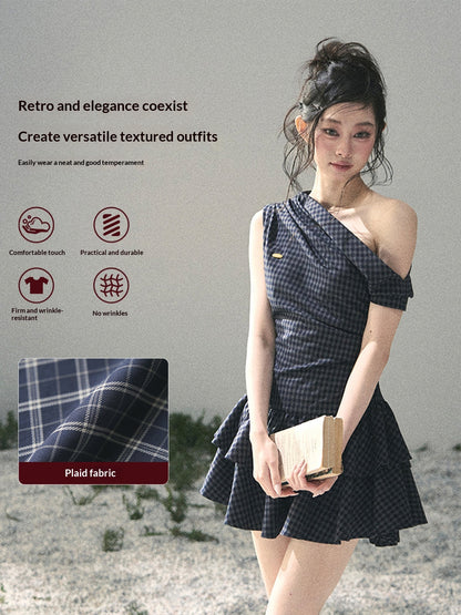"Moonlit Bellflower Reverie" Navy Plaid One-Shoulder Mini Dress 567474