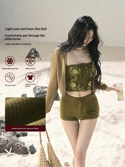 "Forest After Rain" Misty Meadow Haze 3-Piece Cardigan & Shorts Set 45236485