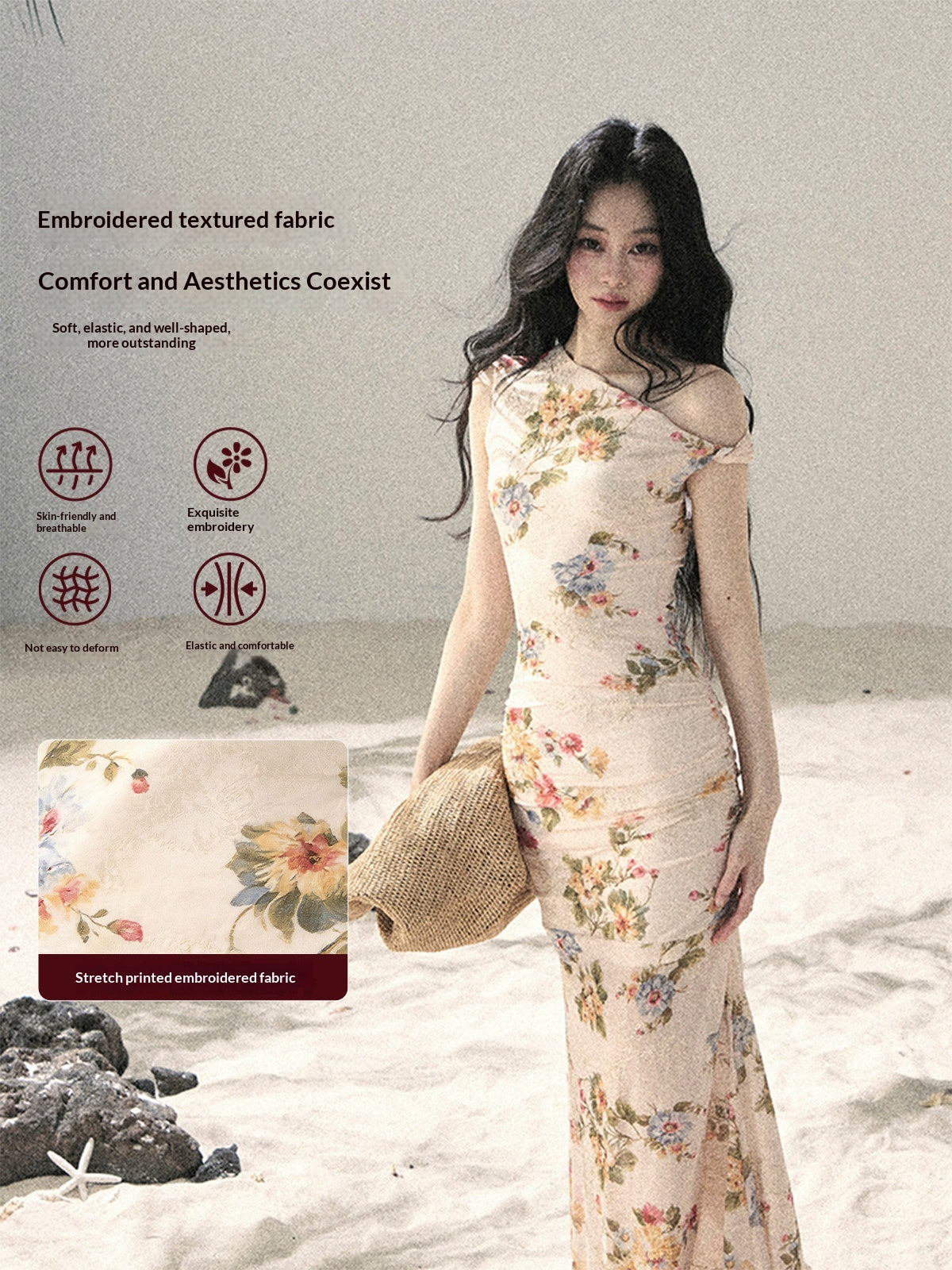 "Waiting for Blossoms" Dutch Cream Floral Mermaid Maxi Dress 43236