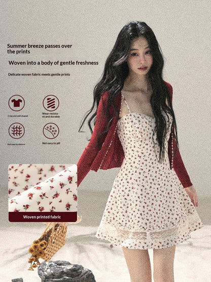 "Blooming Rose Reverie" Cloud White Floral Lace Mini Dress & Burgundy Wine Cardigan 56483