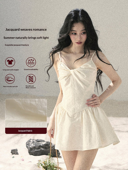 "Veiled in Mist" Cream Apricot Puff Mini Dress & Chiffon Shawl Set 5348