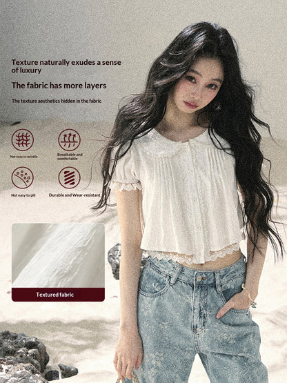 "Speechless Moonlight" Cloud White Lace Puff Sleeve Crop Top 74555