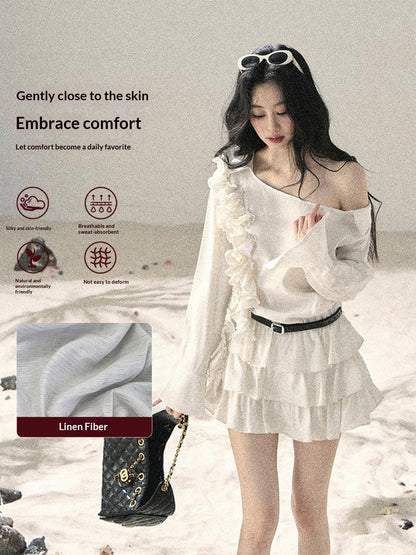 "Petals of Early Summer" Mist White Ruffle One-Shoulder Cake Dress (With Belt) 58648