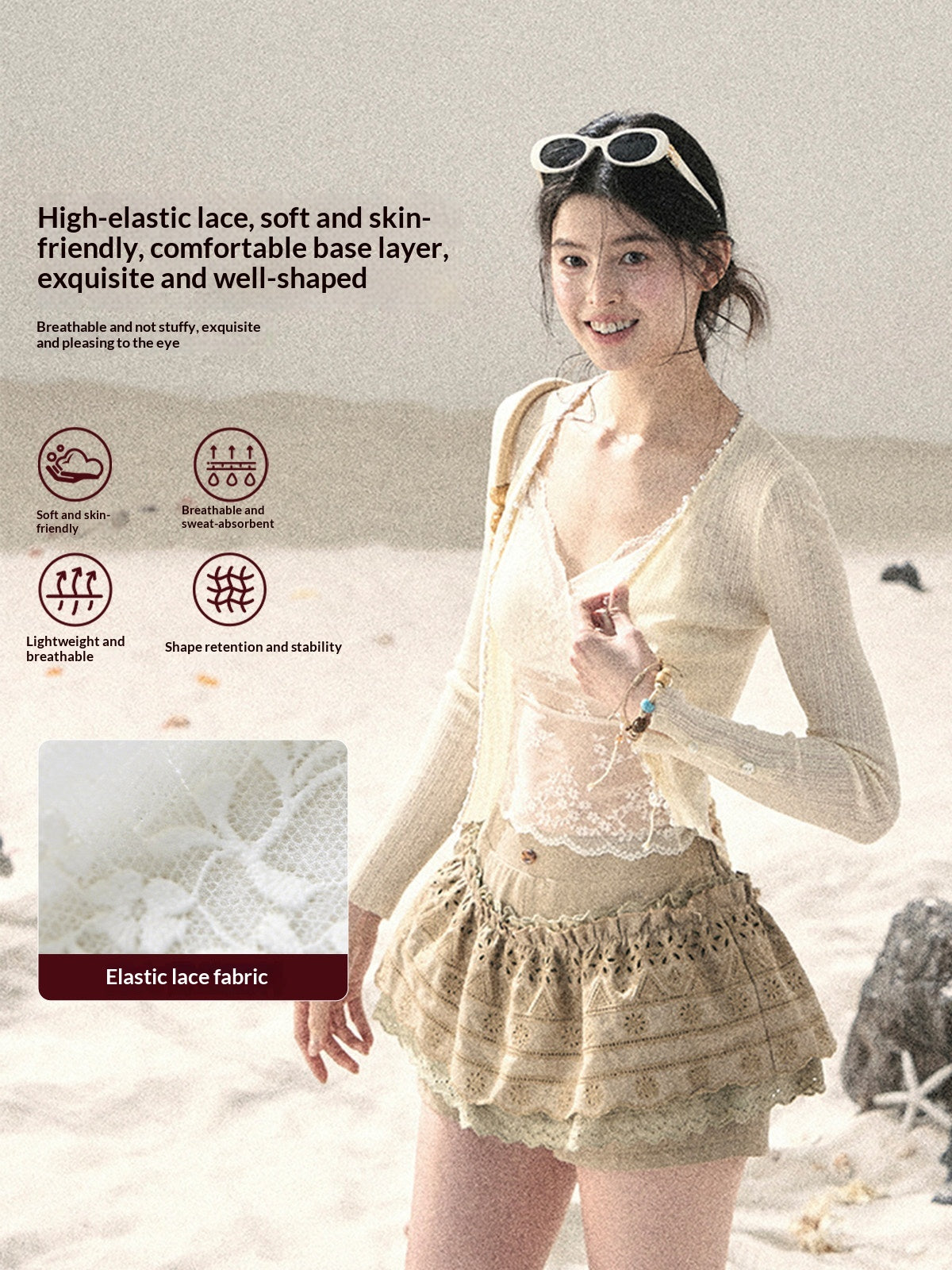"Translucent Skin" Cream Apricot Lace Camisole Top 455335
