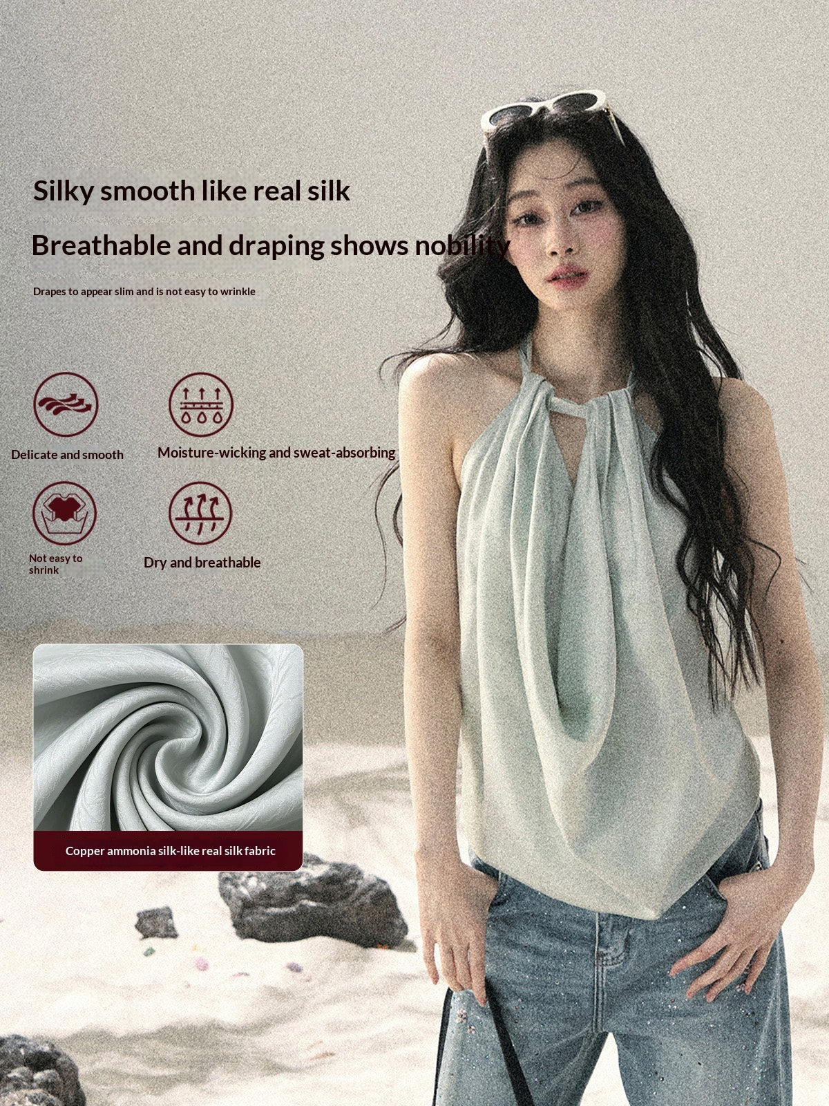 "Flowing Silk Reverie" Light Bean Green Halter Backless Top 536845