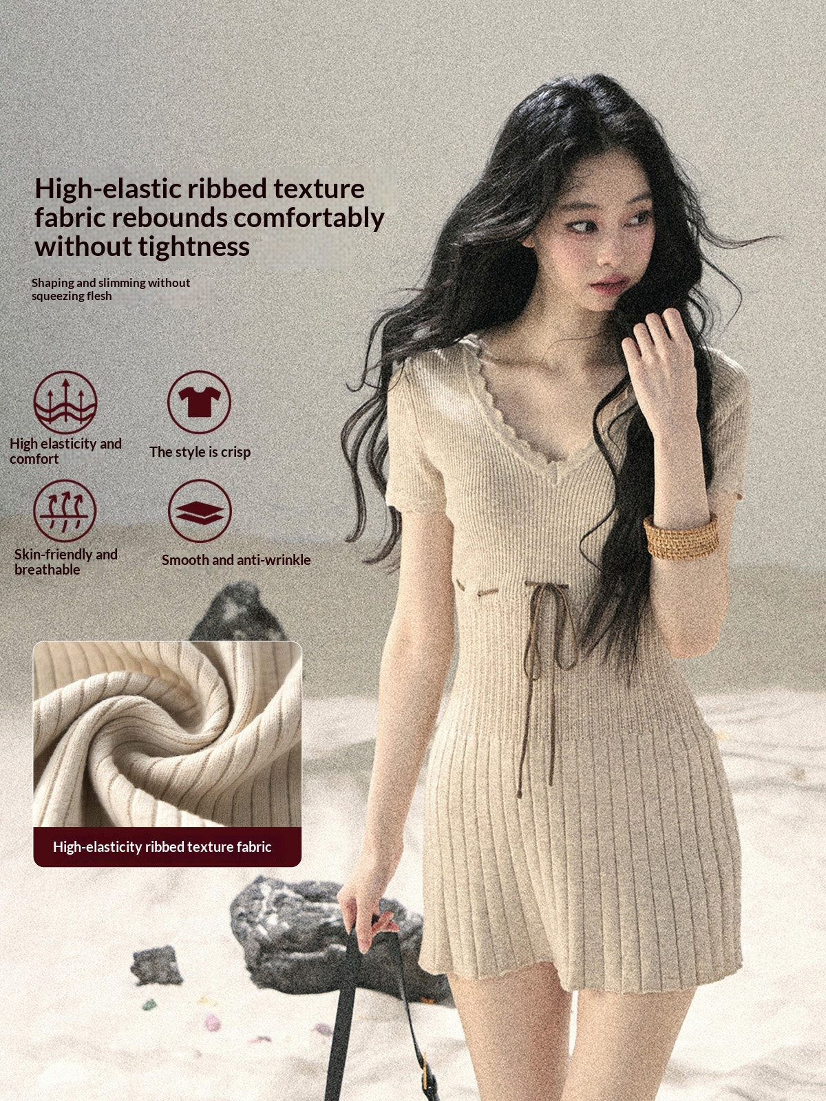 "Whispering Evening Breeze" Oatmeal Knit Lace Bodycon Mini Dress 4534854