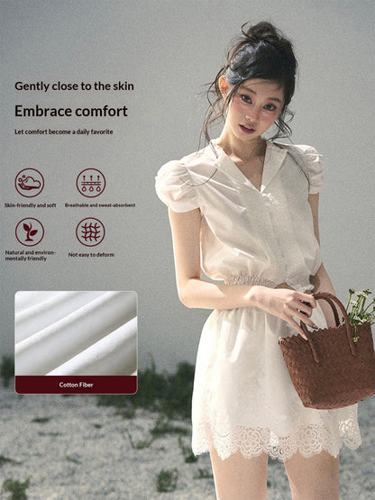 "Rose Petals in Secret" Cloud White Lace Two-Piece Skirt Set 142453