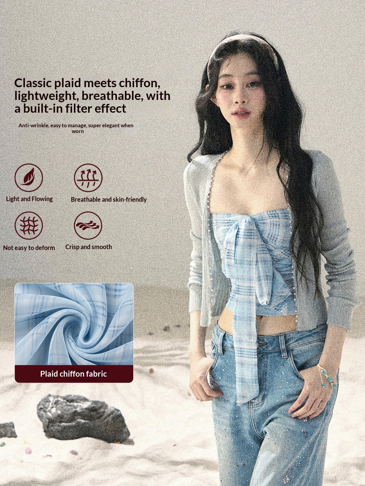 "Blue Danube Reverie" Mist Blue Bow Bandeau Crop Top & Cardigan Set 54638463