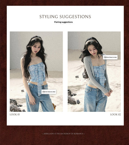 "Blue Danube Reverie" Mist Blue Bow Bandeau Crop Top & Cardigan Set 54638463