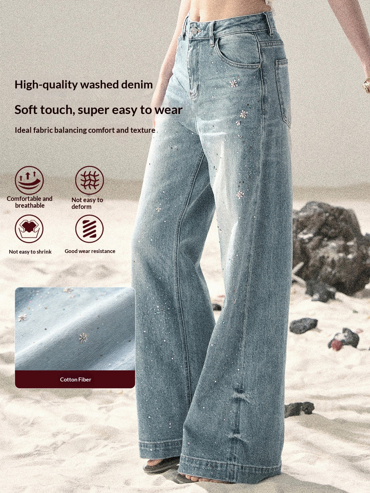 "Starlit River Shimmer" Distant Sky Blue Rhinestone Wide-Leg Jeans 65633