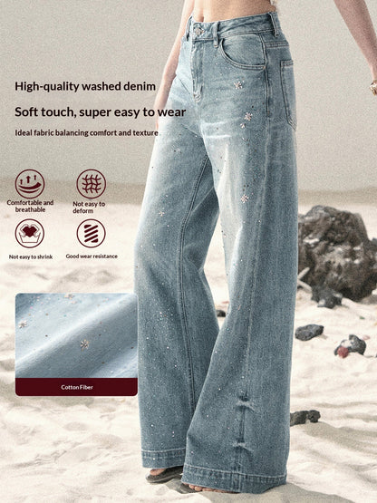 "Starlit River Shimmer" Distant Sky Blue Rhinestone Wide-Leg Jeans 65633